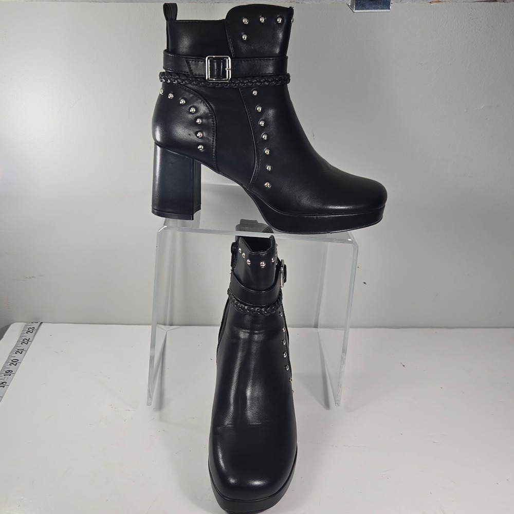 ID Required Sawyer Black Studded Platform Ankle Boots Block Heel Womens 9.5 M